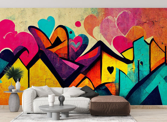 Bright color abstract wall mural with overlapping heart graphics.