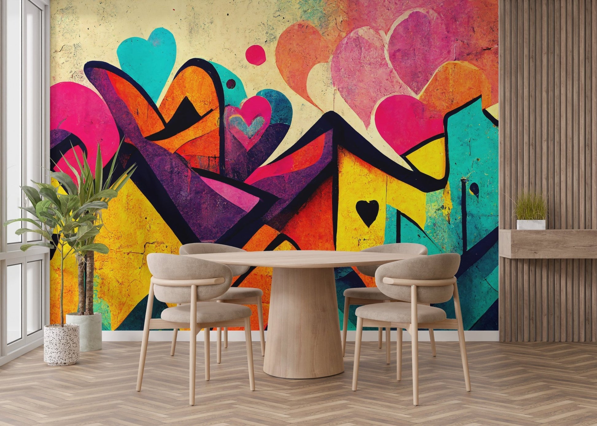 Bold graffiti mural with vibrant love motifs
