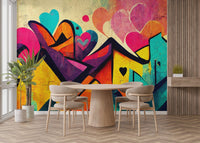 Bold graffiti mural with vibrant love motifs
