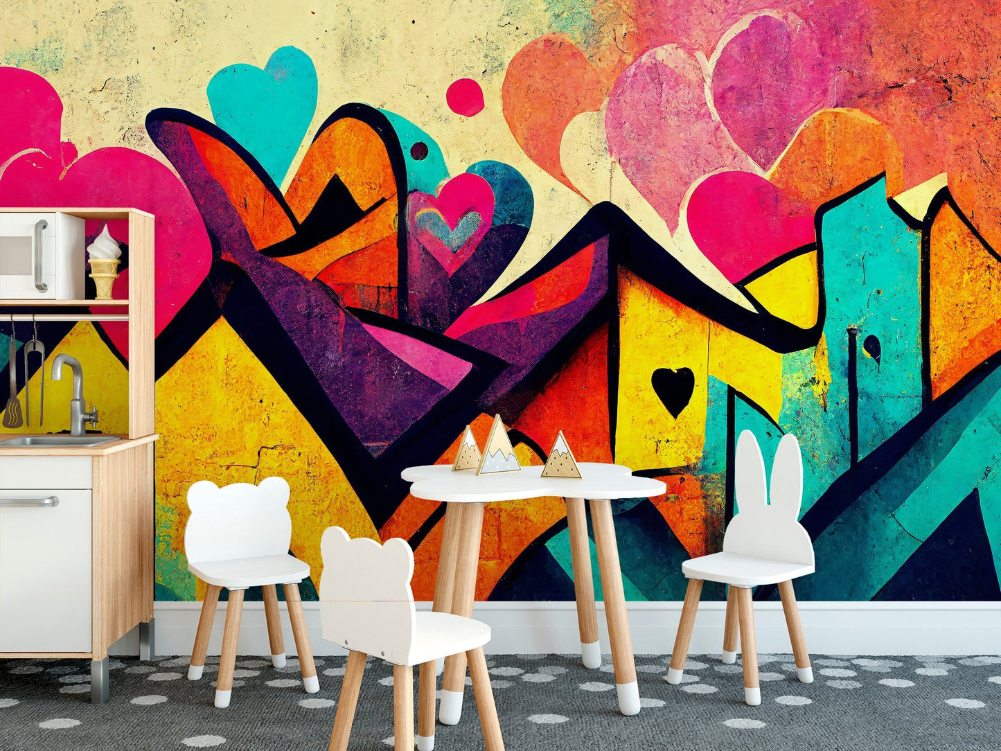 Abstract love-themed graffiti wall art design
