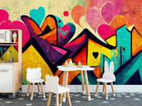 Abstract love-themed graffiti wall art design
