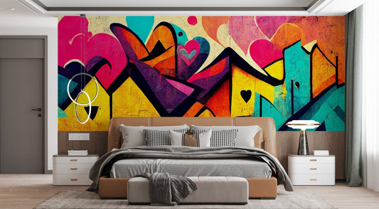 Abstract love graffiti wall mural with vibrant hearts and city shapes.