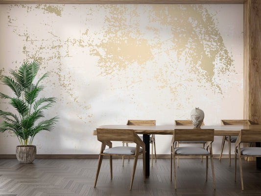 Dining room with wooden table and gold abstract marble wall mural.