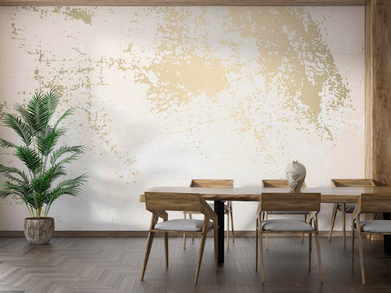 Dining room with wooden table and gold abstract marble wall mural.