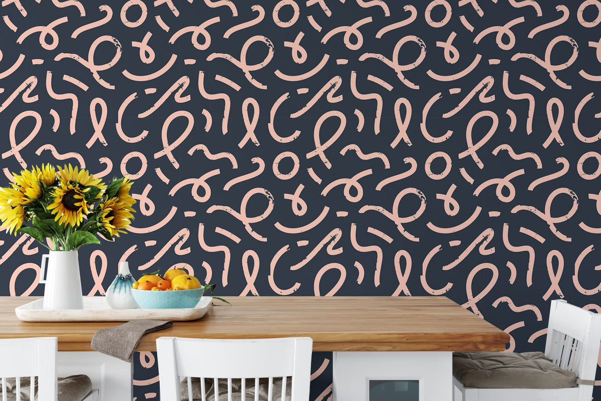 Abstract minimal line brush stroke wallpaper behind a wooden dining set.