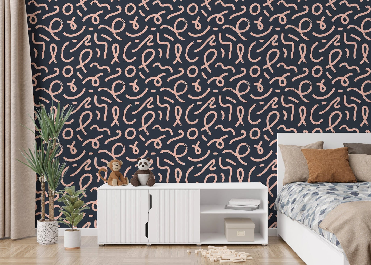 Abstract minimal line brush stroke wallpaper in a bedroom with a white cabinet.