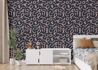 Abstract minimal line brush stroke wallpaper in a bedroom with a white cabinet.