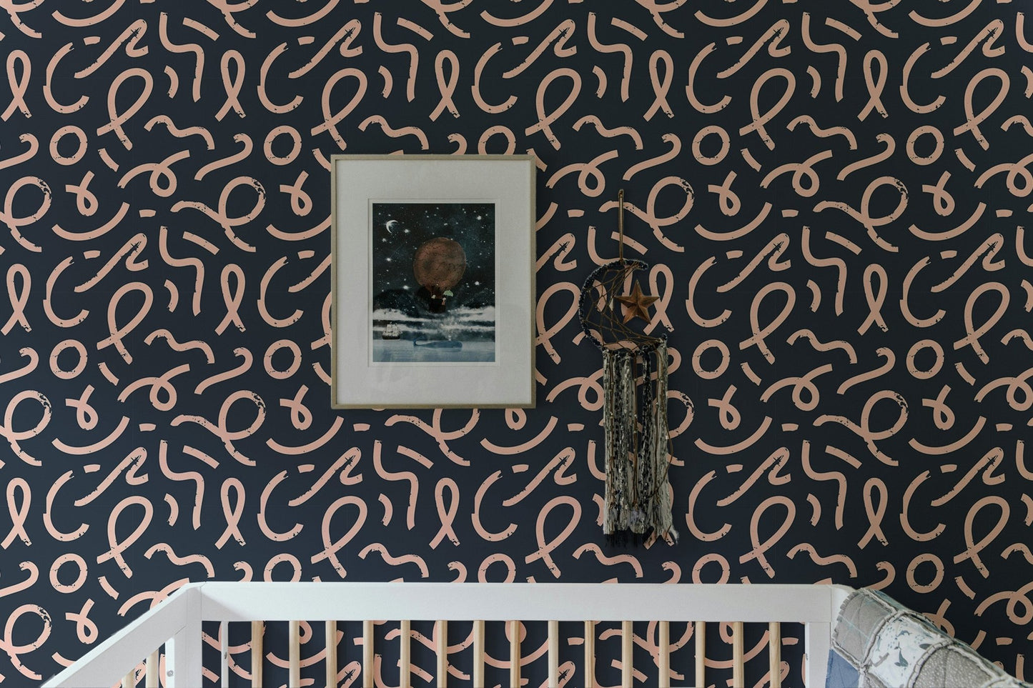 Abstract minimal line brush stroke wallpaper in a nursery with a white cot.
