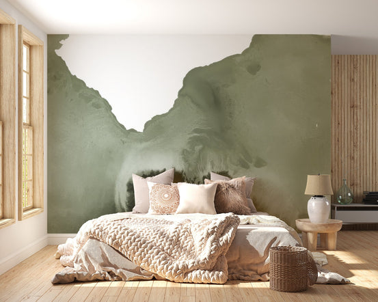 Abstract monochrome wall mural with sage green watercolor ink.