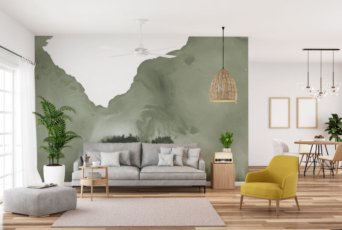 Contemporary sage green wash wall mural for hallway wall.