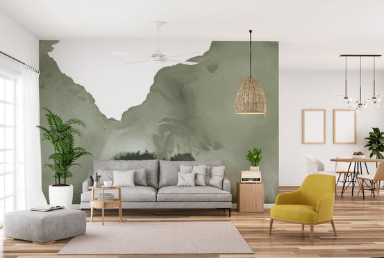 Contemporary sage green wash wall mural for hallway wall.