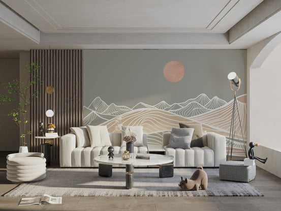 Muted peach sun and terracotta hills wall mural design.