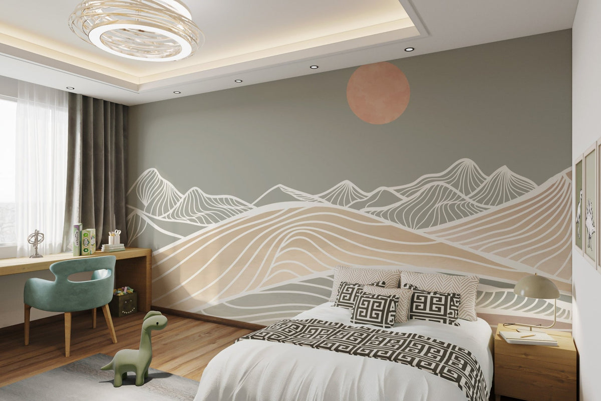 Neutral toned scenery wallpaper for a minimalist feature wall.