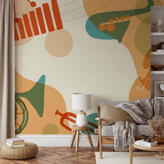Abstract music instrument wallpaper featuring minimalist brass and string shapes.
