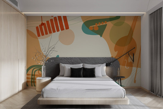 Stylized cello and trumpet abstract wall mural in warm orange and teal hues.