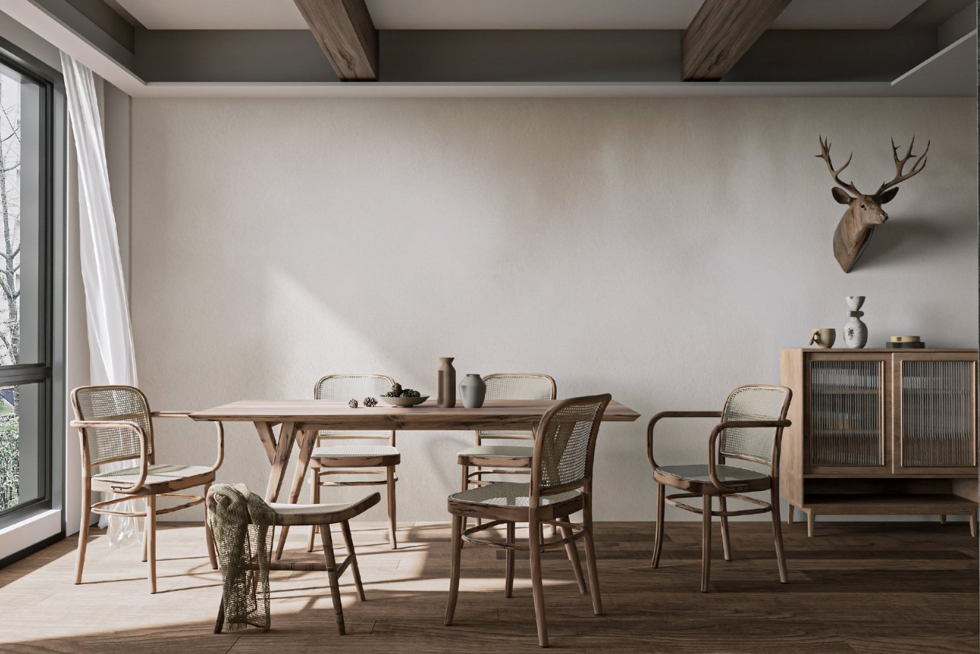 Neutral watercolor wall mural for modern dining room.
