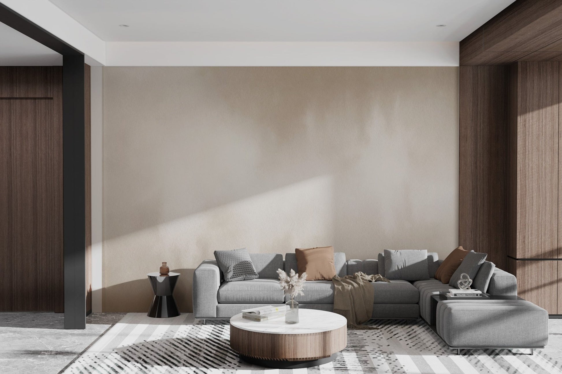 Minimalist beige wall mural with subtle fluid watercolor patterns