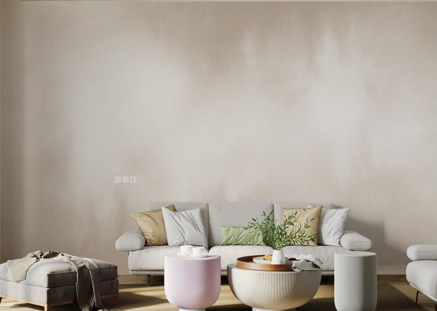 Neutral watercolor mural for open plan apartment living space