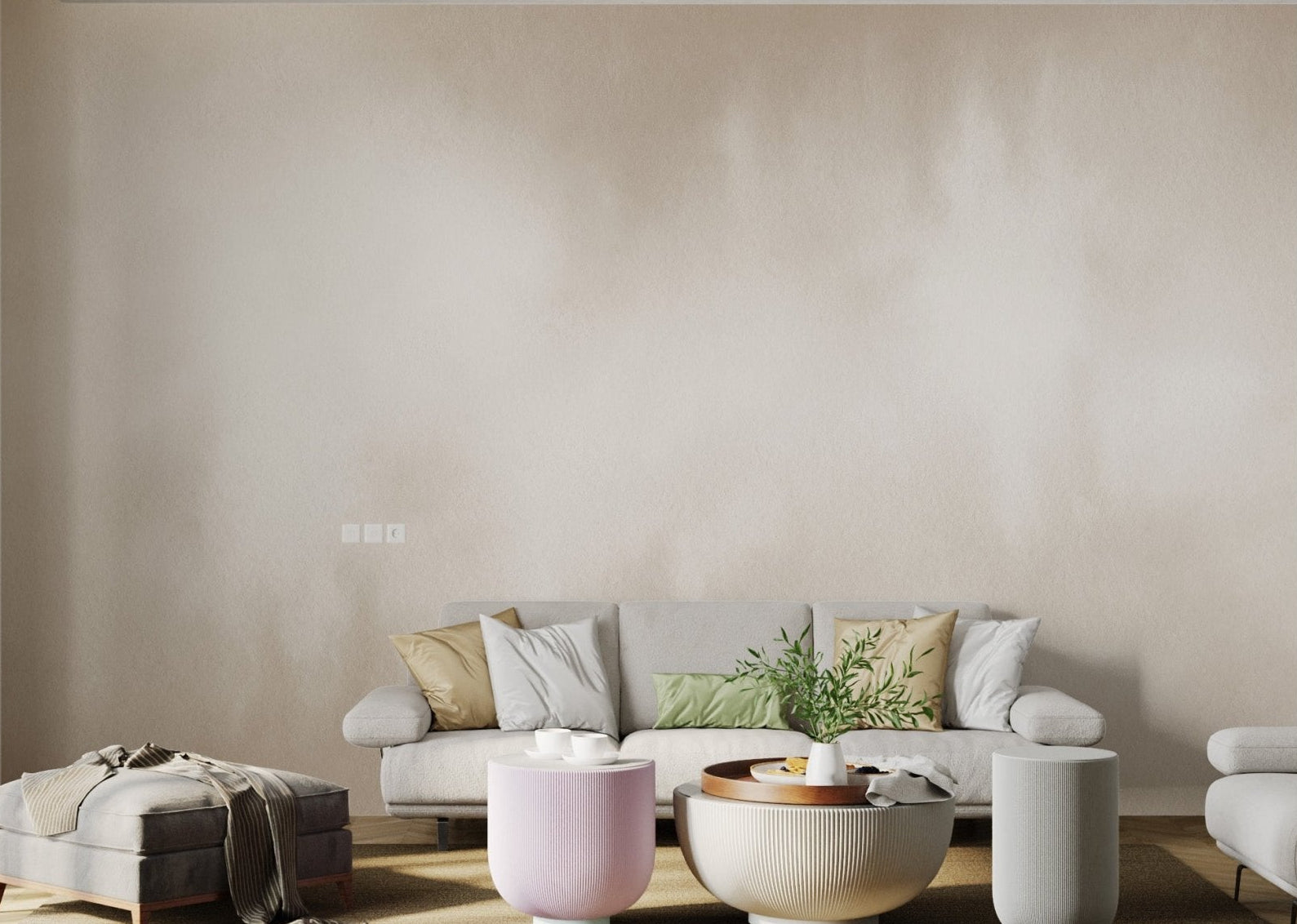 Neutral watercolor mural for open plan apartment living space
