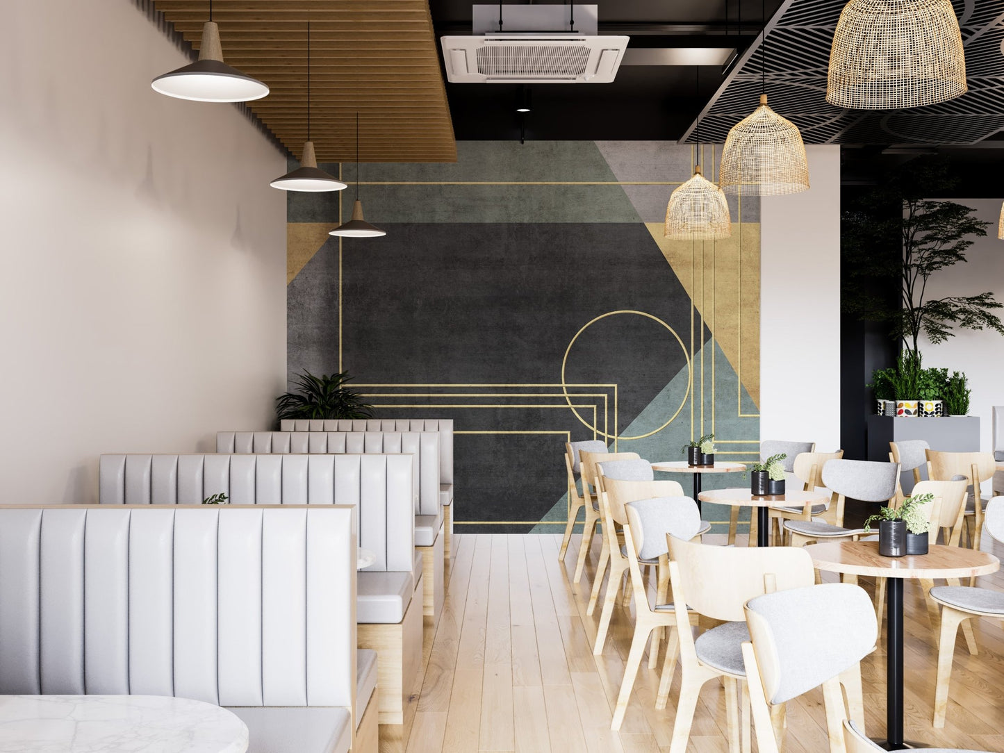 Dynamic abstract mural enhancing productivity in dining spaces.
