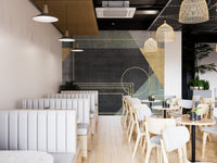 Dynamic abstract mural enhancing productivity in dining spaces.
