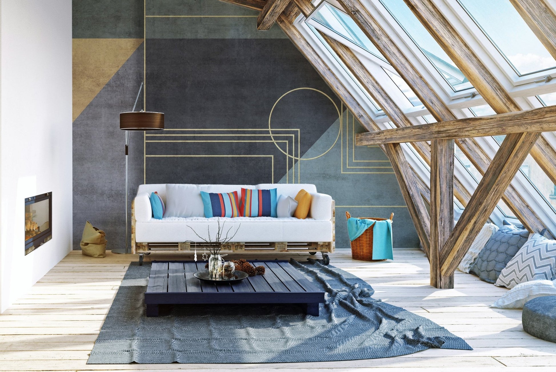 Abstract office vibes wall mural with sleek geometric patterns in attic living space.
