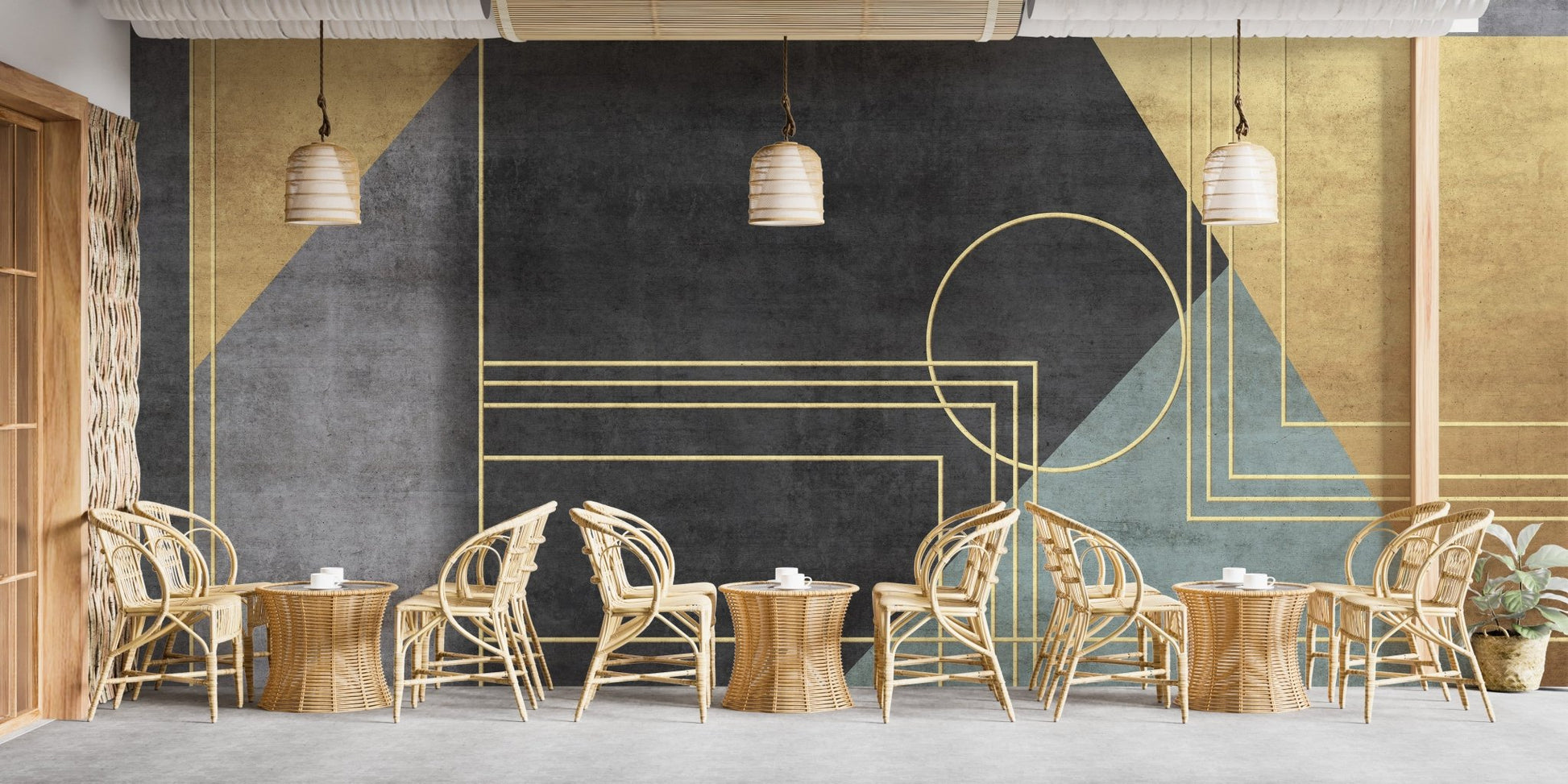 Abstract wall mural bringing modern energy to dining room interiors.
