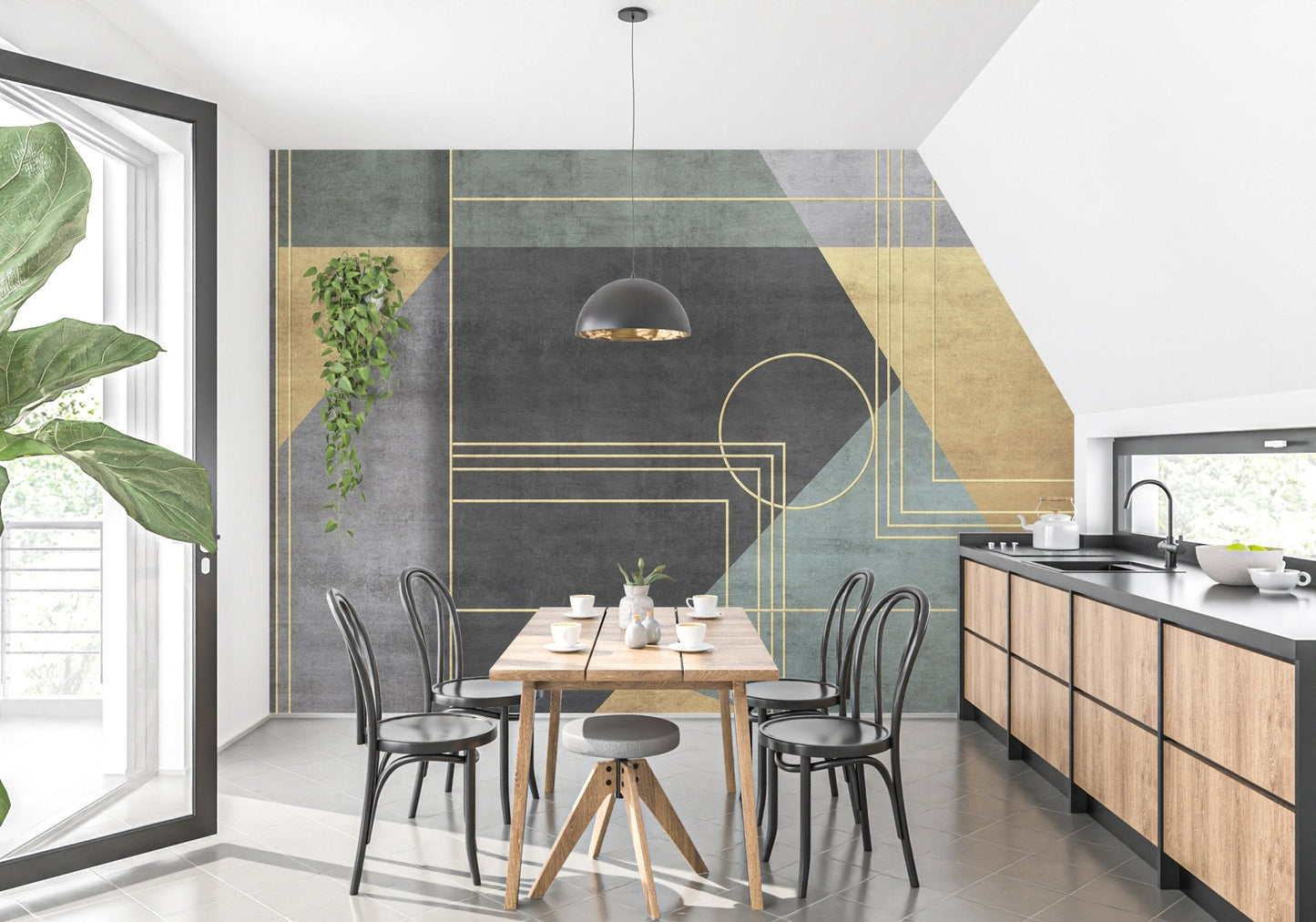 Abstract office wall mural creating a vibrant, focused atmosphere in dining room.
