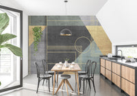 Abstract office wall mural creating a vibrant, focused atmosphere in dining room.
