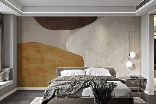 Abstract organic shapes wall mural with earthy tones.