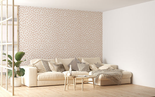 Pastel brush dots wallpaper in a modern living room with a beige sofa