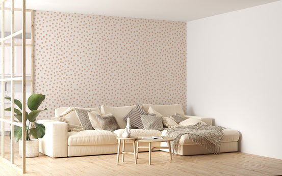 Pastel brush dots wallpaper in a modern living room with a beige sofa