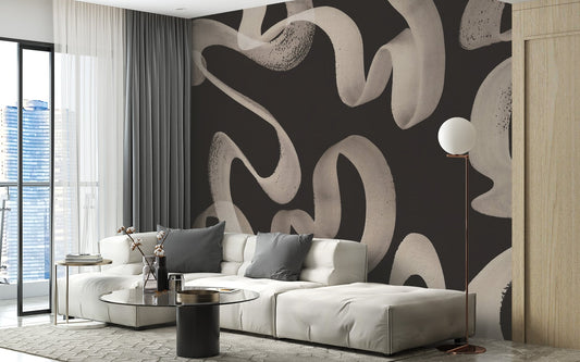 Monochrome abstract ribbon wallpaper mural with matte finish look.