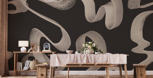Abstract ribbons wallpaper mural with beige waves on dark backdrop wall mural.