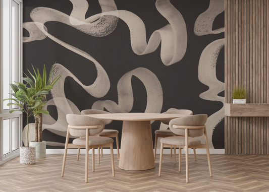 Golden ribbon style wallpaper mural in neutral beige and black color.