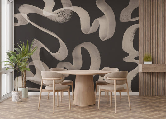 Golden ribbon style wallpaper mural in neutral beige and black color.