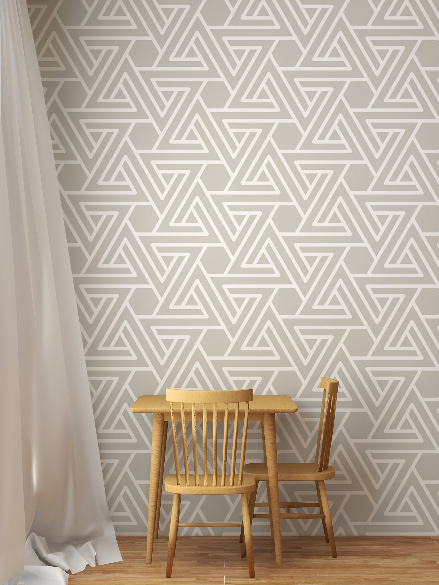 Abstract Simple Geometric White Line Wallpaper in a dining nook.
