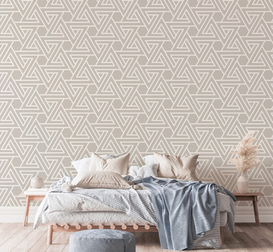 Abstract Simple Geometric White Line Wallpaper in a neutral tone bedroom.