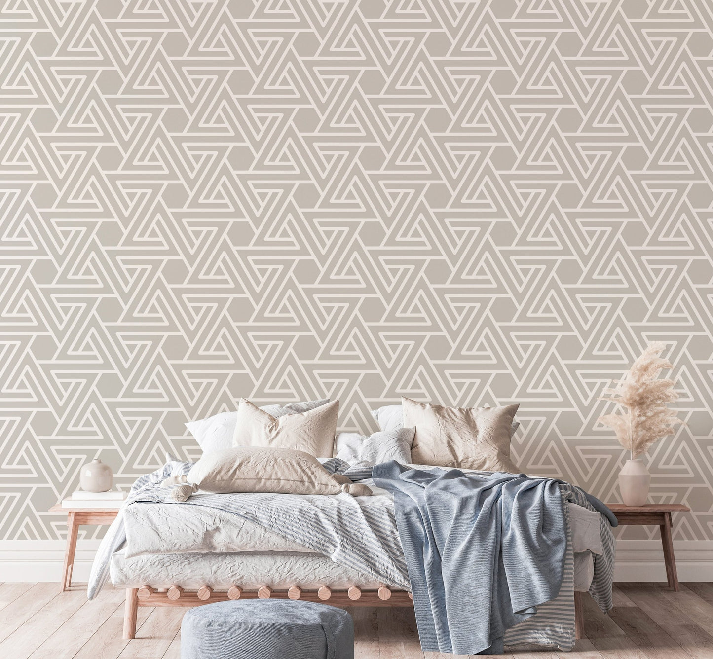 Abstract Simple Geometric White Line Wallpaper in a neutral tone bedroom.