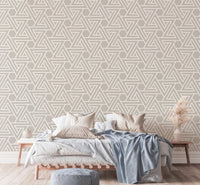 Abstract Simple Geometric White Line Wallpaper in a neutral tone bedroom.