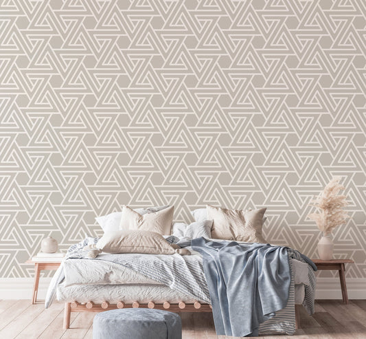Abstract Simple Geometric White Line Wallpaper in a neutral tone bedroom.