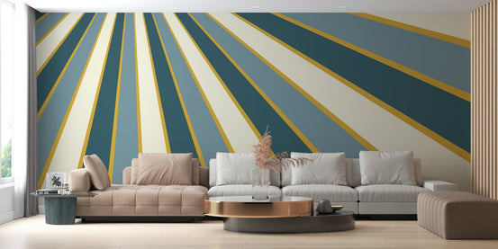 Abstract striped pattern wall mural in a modern living room with a tan sofa.