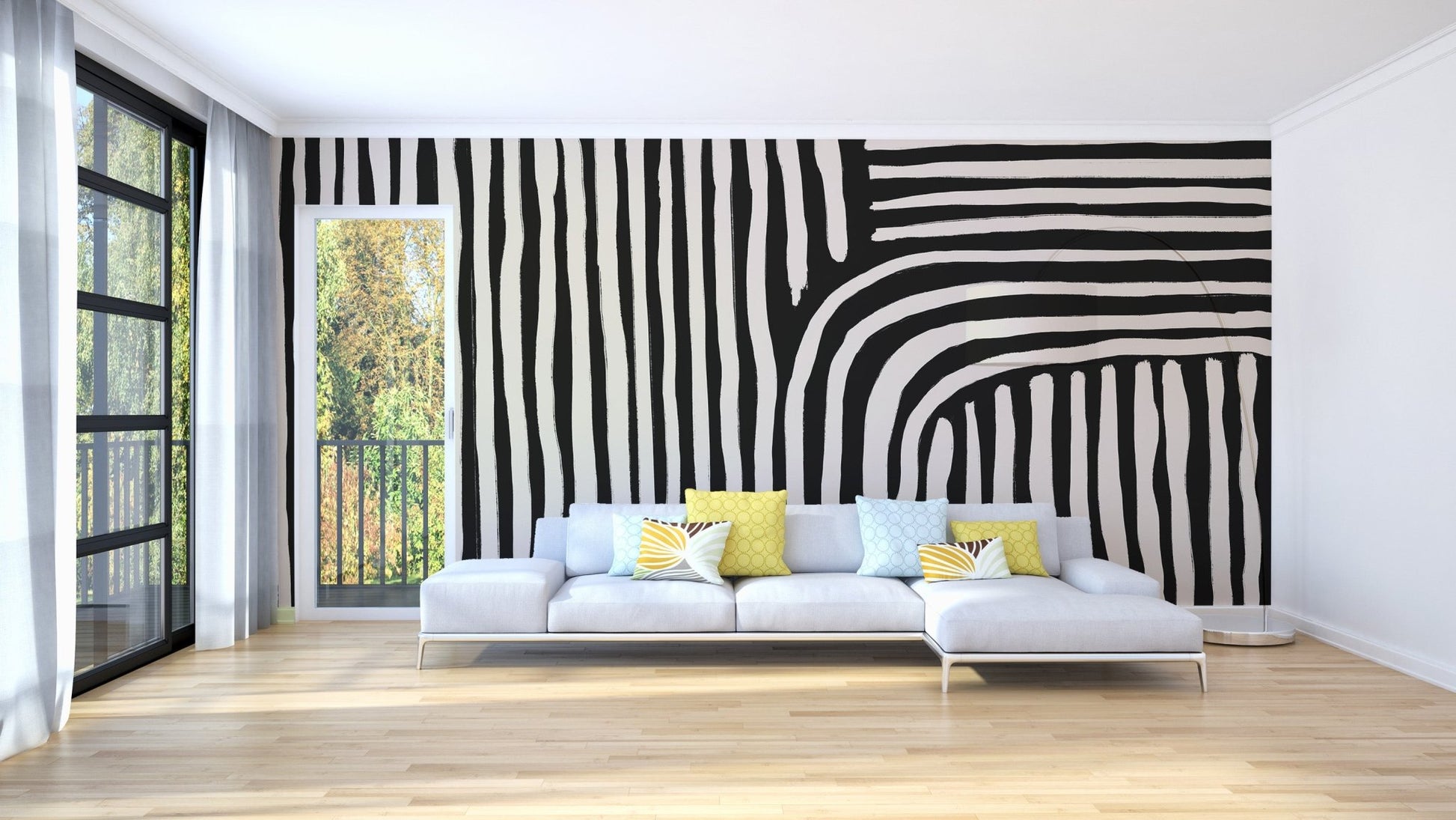 Structured black and tan striped wall mural design wallpaper.
