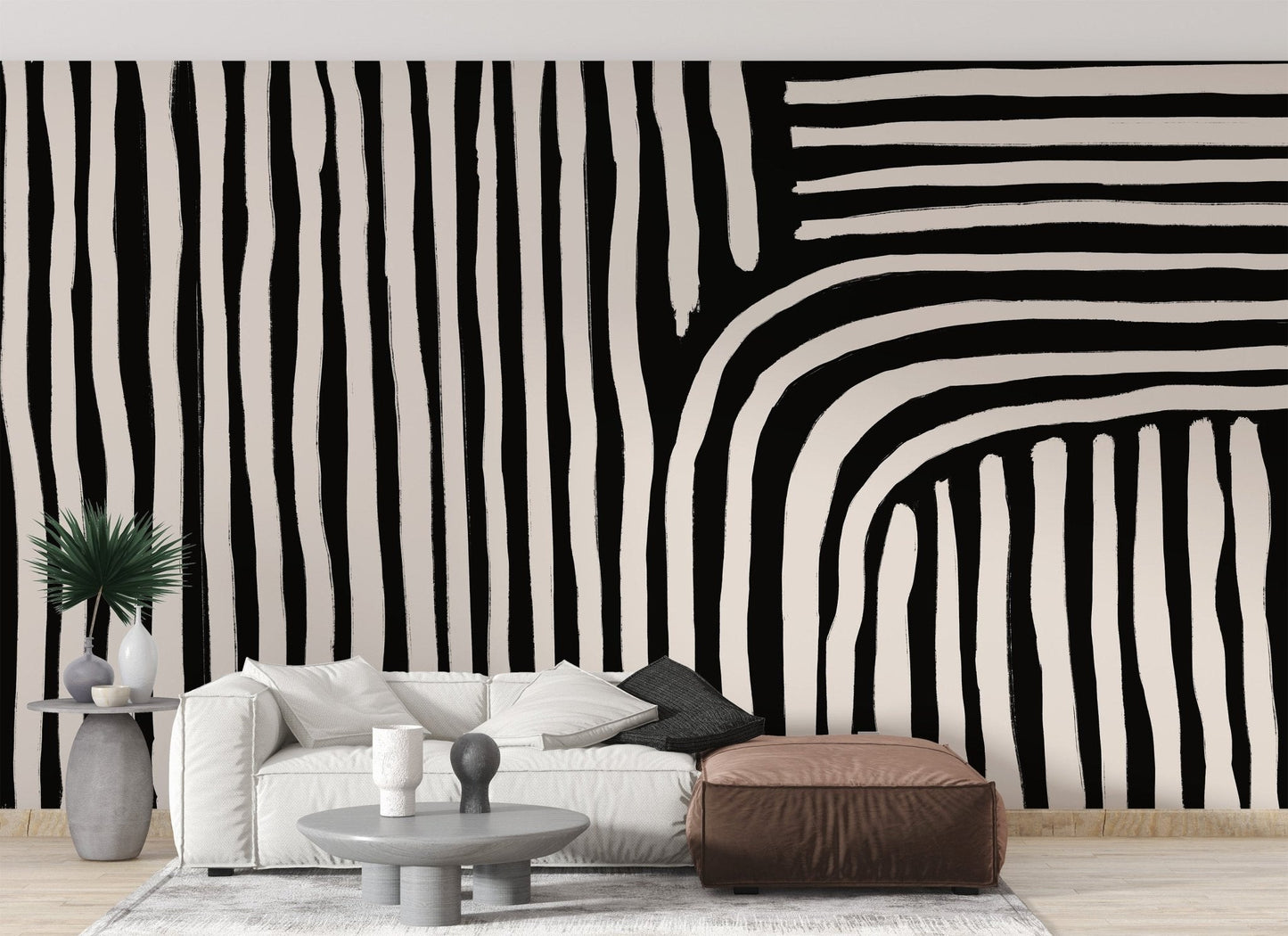 Abstract strips wallpaper mural with curved stripe composition.