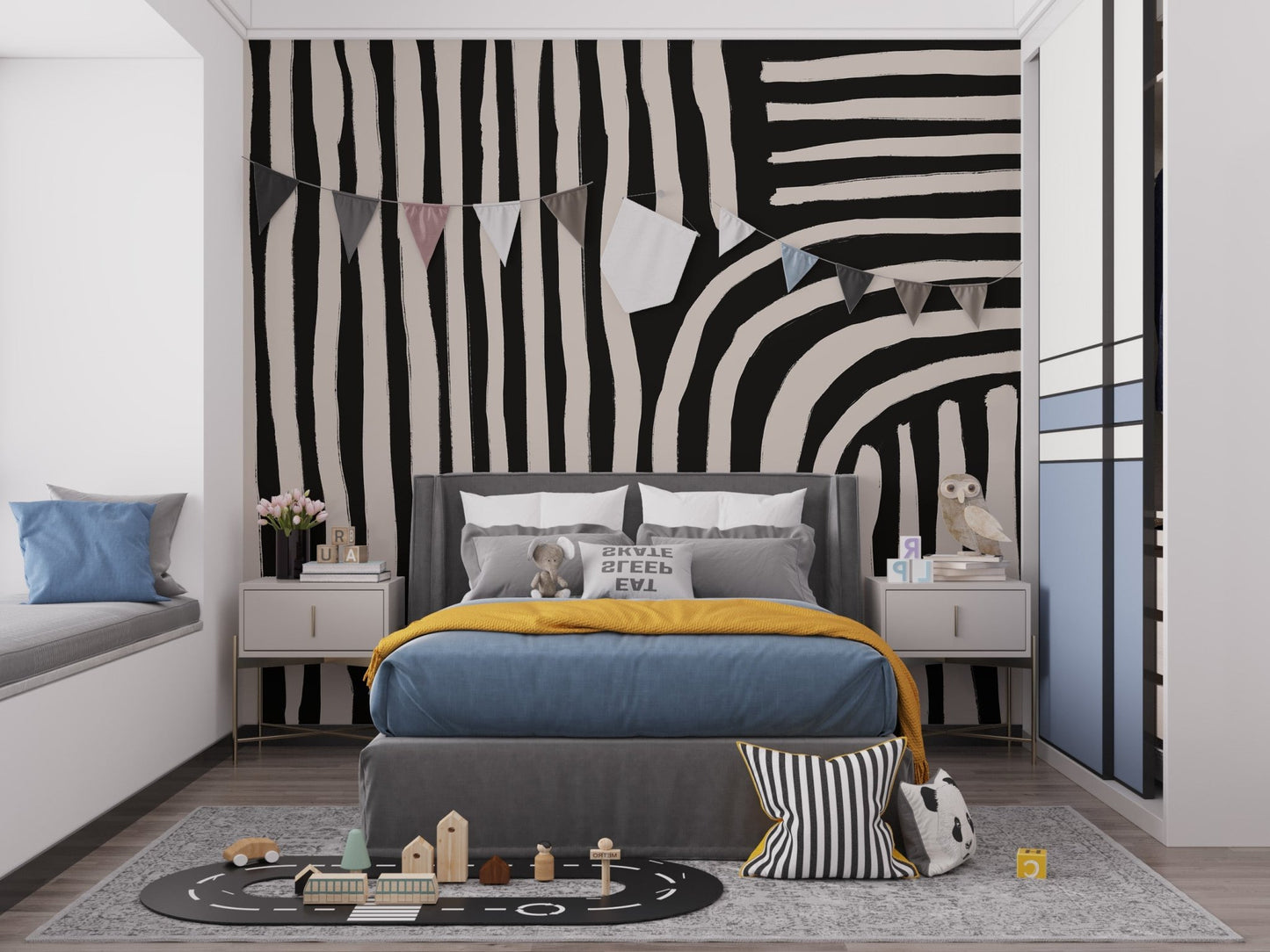 Modern black stripe wall mural with curved linear design wallpaper.