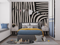 Modern black stripe wall mural with curved linear design wallpaper.