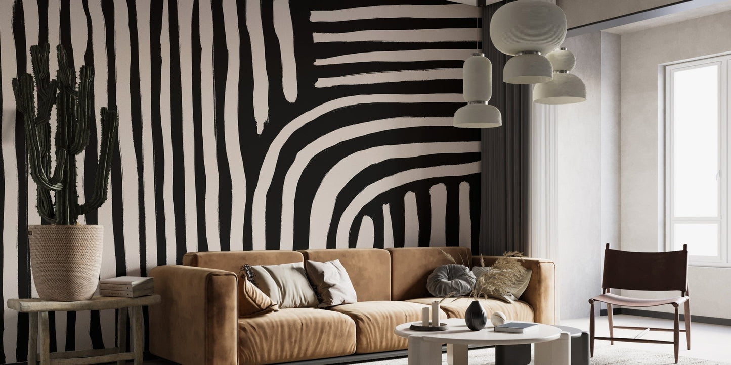 Minimalist black and cream stripe wallpaper with graphic layout.