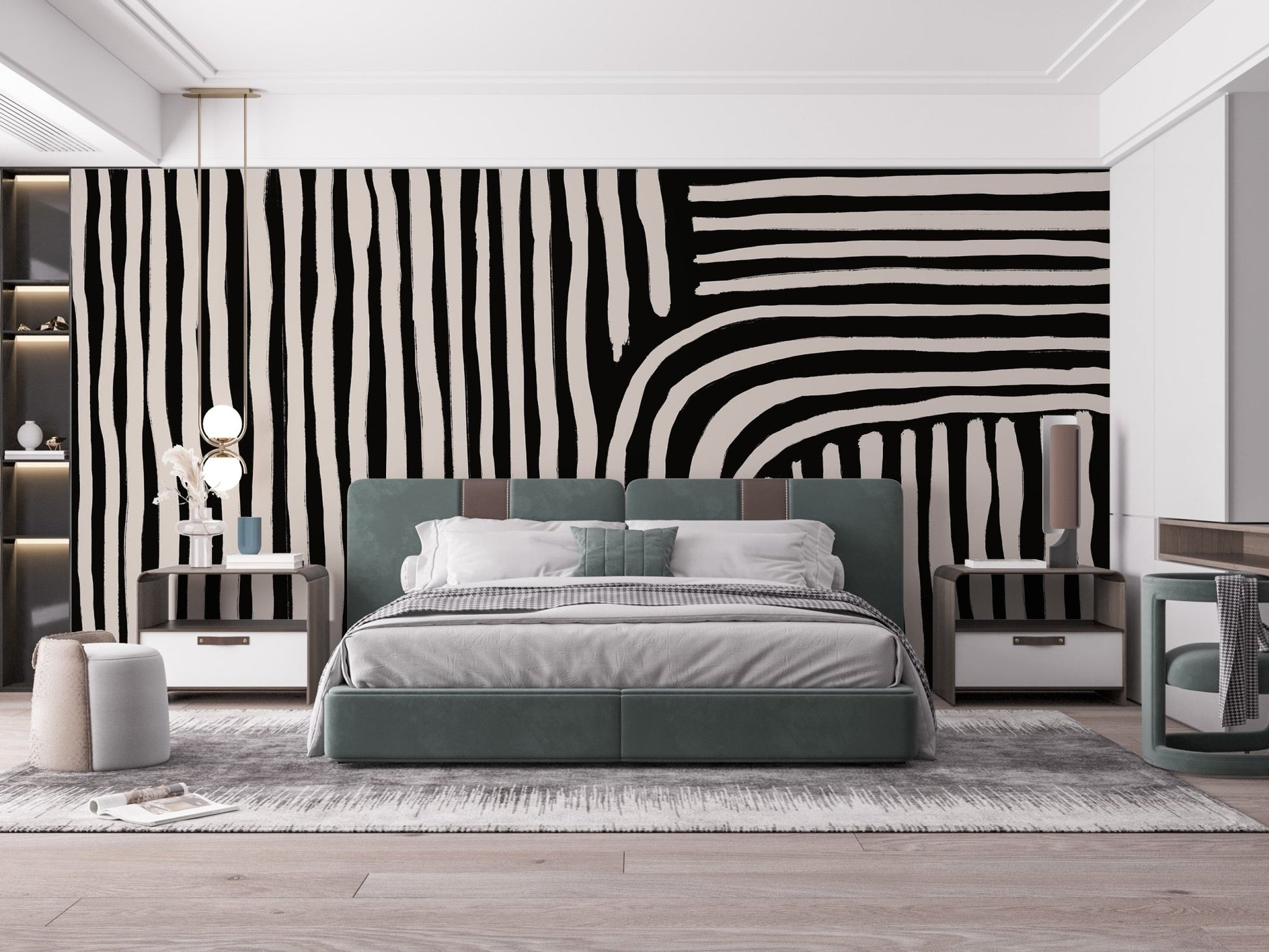 Modern monochrome stripe wallpaper with soft beige accents.