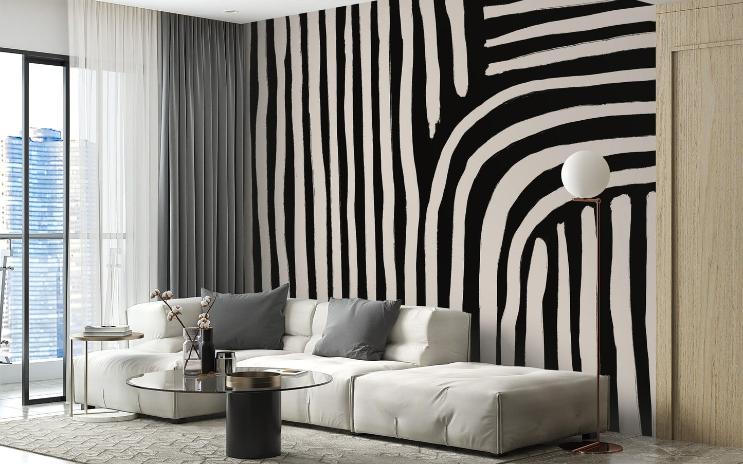 Artistic abstract strips wall mural with vertical textured lines.
