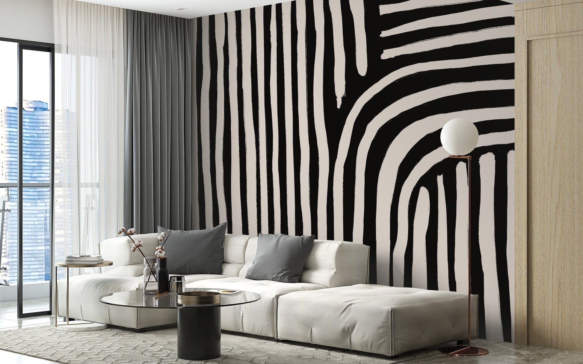 Artistic abstract strips wall mural with vertical textured lines.